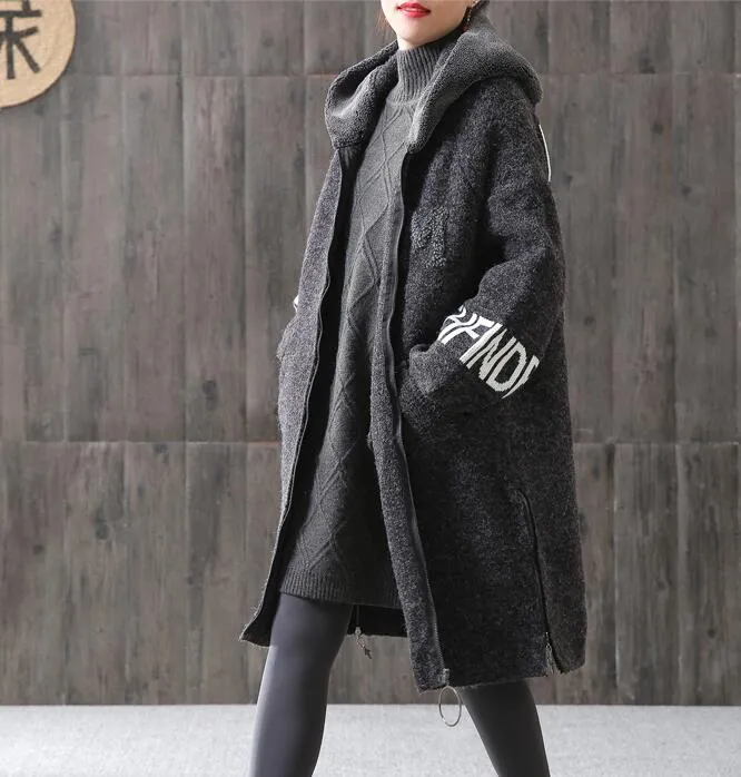 Fleece Gray Women Coat Handmade loose Hooded Women Wool Coat Jacket