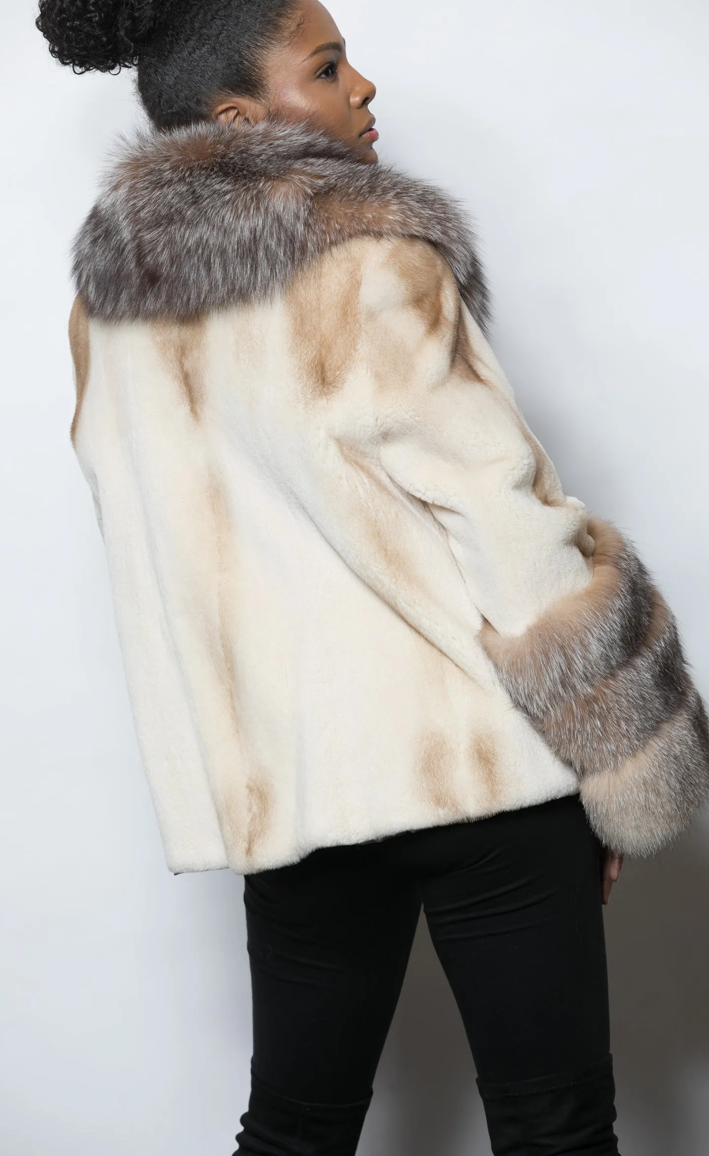 FUR Golden White Sheared Mink Crystal Fox Collar and Sleeve Cuffs