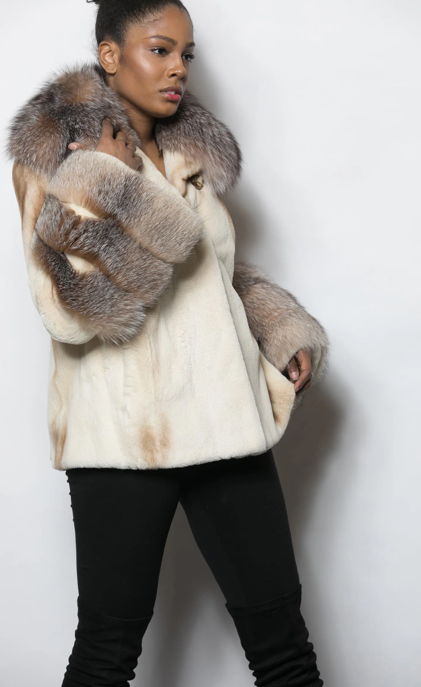 FUR Golden White Sheared Mink Crystal Fox Collar and Sleeve Cuffs