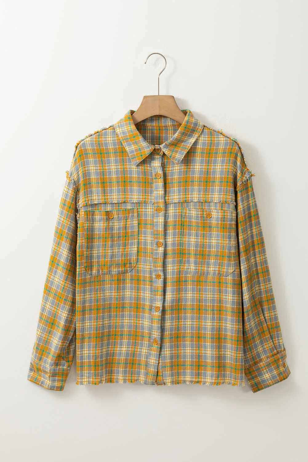 Ginger Plaid Embroidery Patch Button-Down Shacket