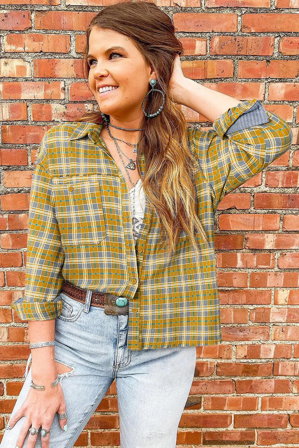 Ginger Plaid Embroidery Patch Button-Down Shacket