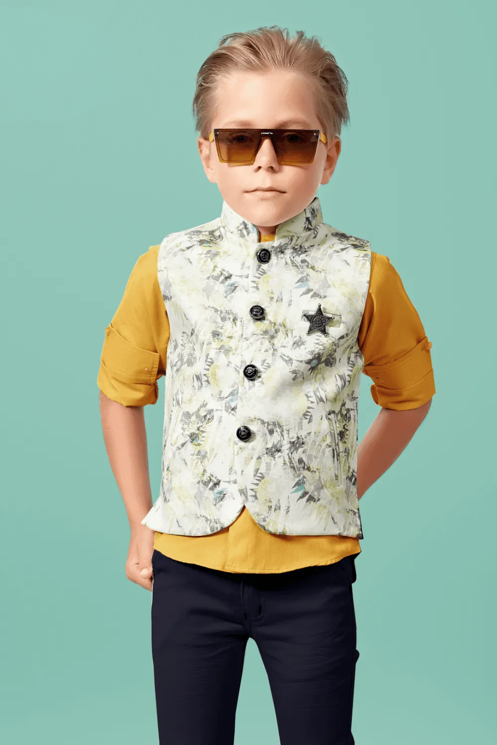 Gold and Cream Printed Waist Coat and Navy Blue Pant Set for Boys with Belt