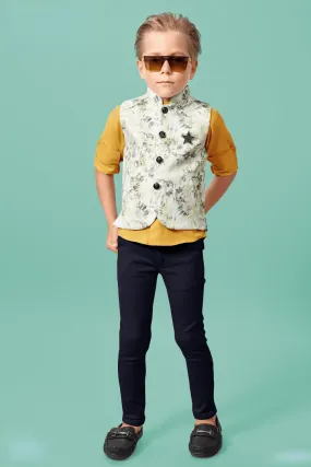 Gold and Cream Printed Waist Coat and Navy Blue Pant Set for Boys with Belt