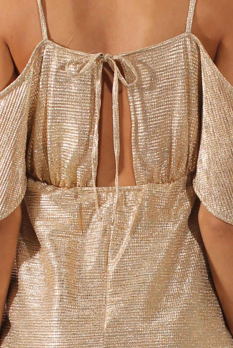 Gold Metallic Cold Shoulder Tie Back Dress - Fern