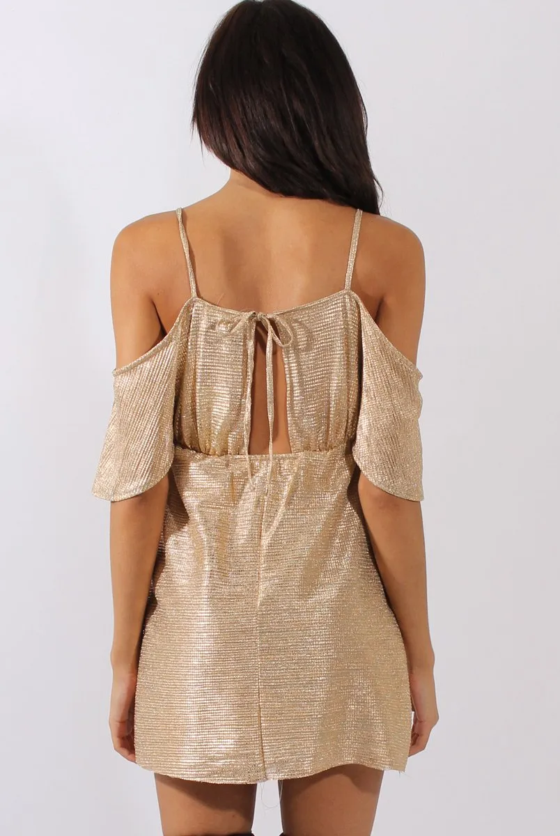 Gold Metallic Cold Shoulder Tie Back Dress - Fern