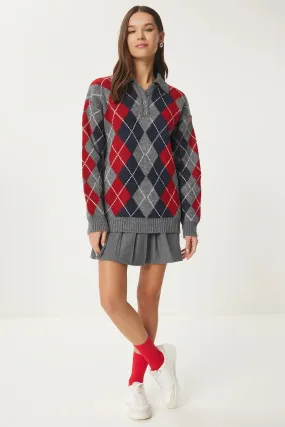 Gray Red Diamond Patterned Knitted Sweater