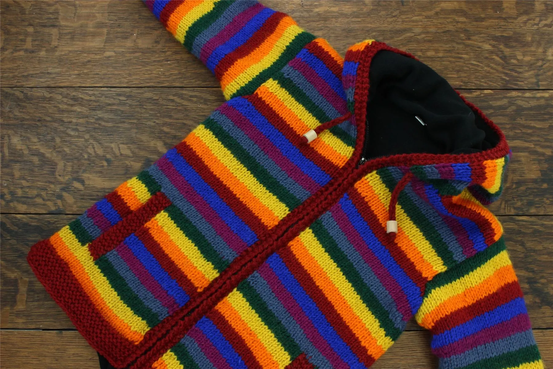 Hand Knitted Wool Hooded Jacket Cardigan - Stripe Rainbow Red Knit Trim