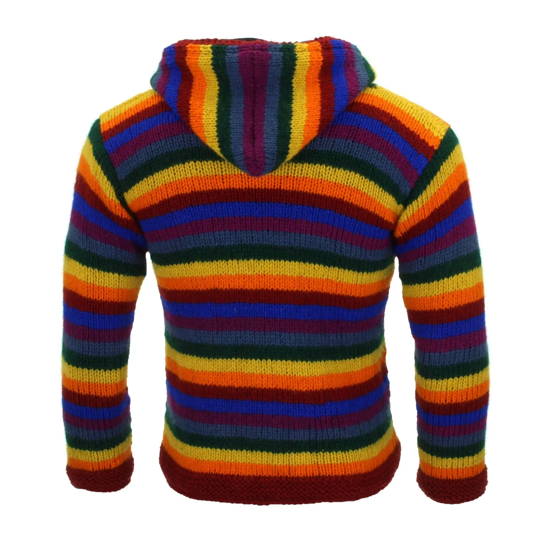 Hand Knitted Wool Hooded Jacket Cardigan - Stripe Rainbow Red Knit Trim