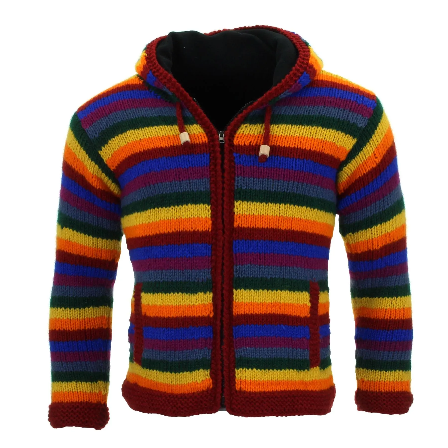 Hand Knitted Wool Hooded Jacket Cardigan - Stripe Rainbow Red Knit Trim