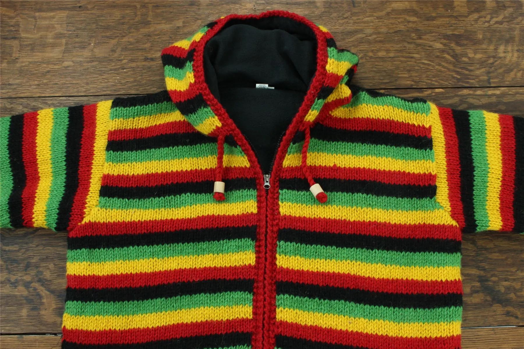 Hand Knitted Wool Hooded Jacket Cardigan - Stripe Rasta