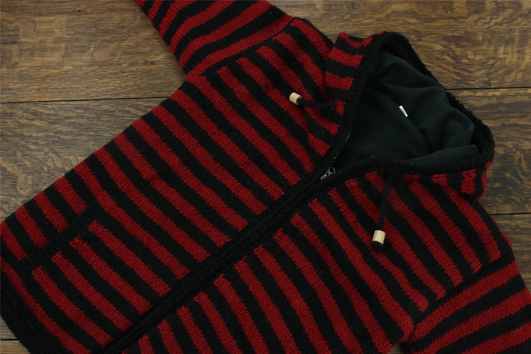 Hand Knitted Wool Hooded Jacket Cardigan - Stripe Red Black