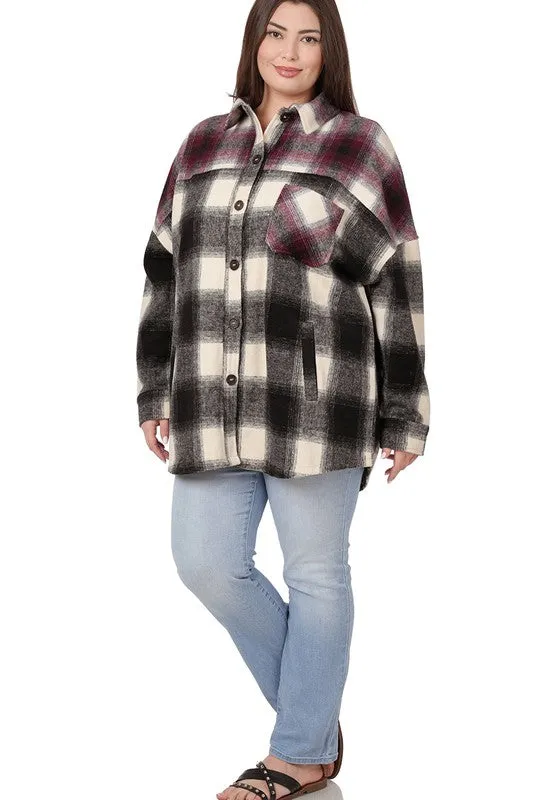 Hi Curvy Plus Size Women Oversized yarn Dyed Plaid Longline Shacket