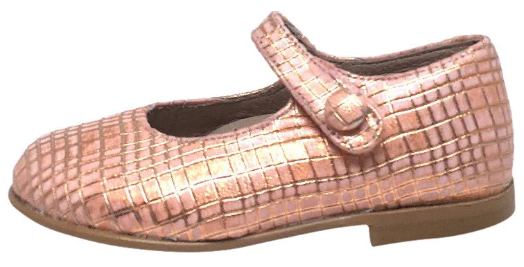 Hoo Shoes Hoova's Rose Gold Criss Cross Pattern Hook and Loop Button Mary Jane Flat Shoes