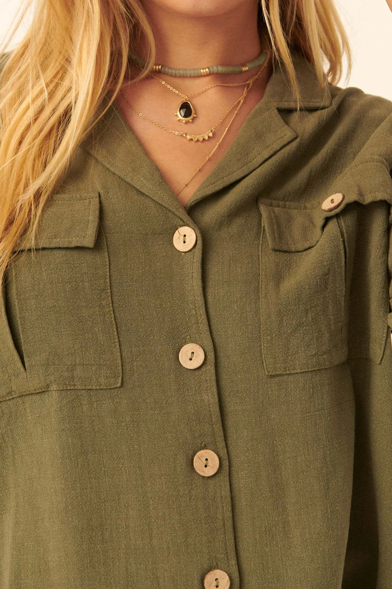 Inner Strength Buttoned Frayed-Hem Pocket Shirt