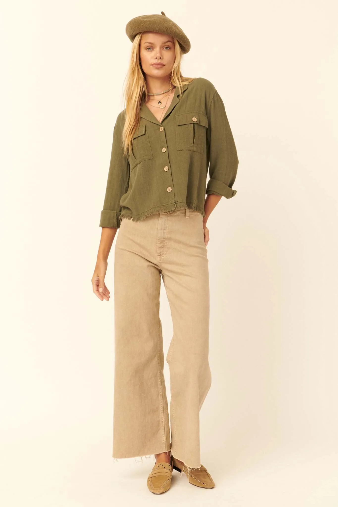 Inner Strength Buttoned Frayed-Hem Pocket Shirt