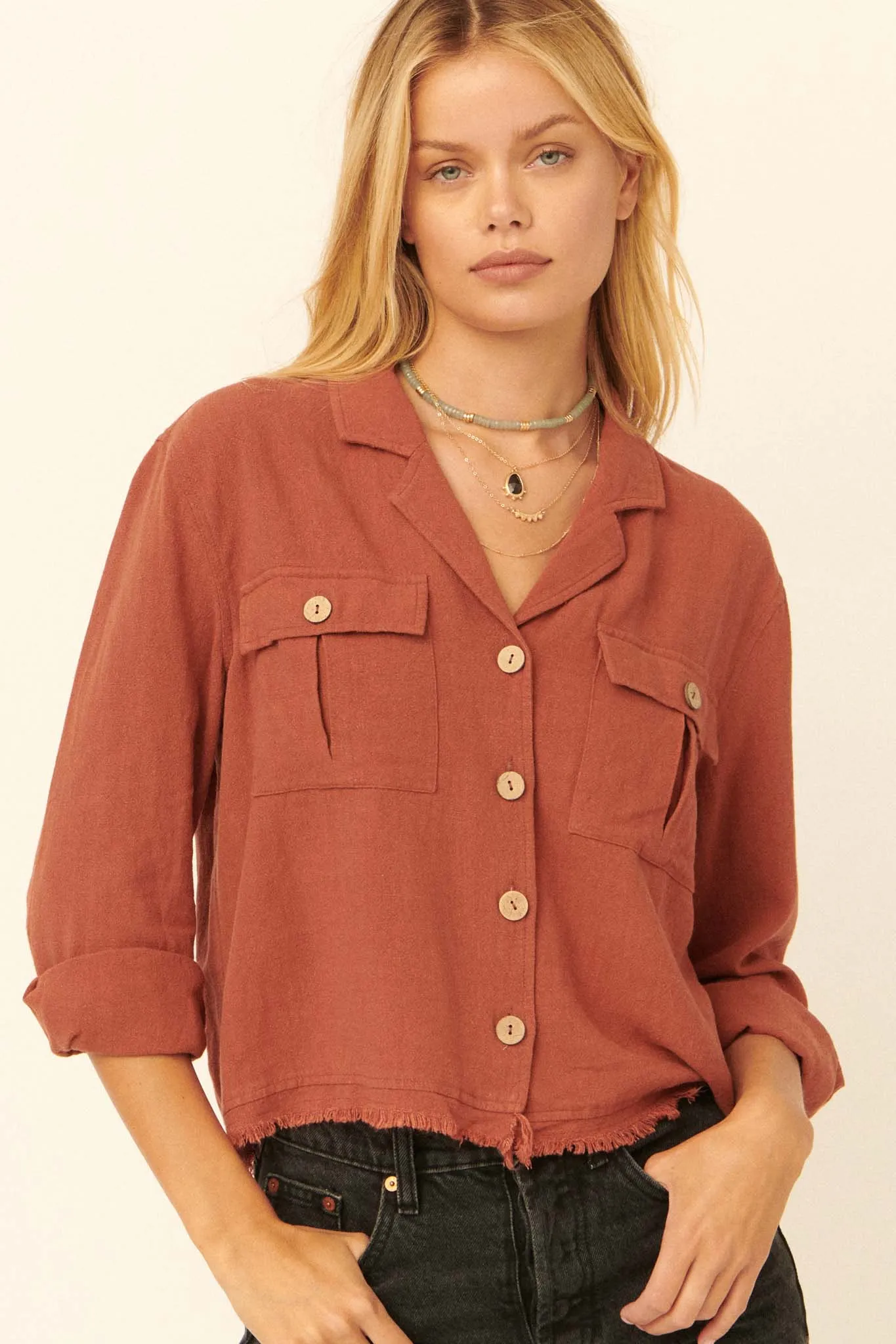 Inner Strength Buttoned Frayed-Hem Pocket Shirt