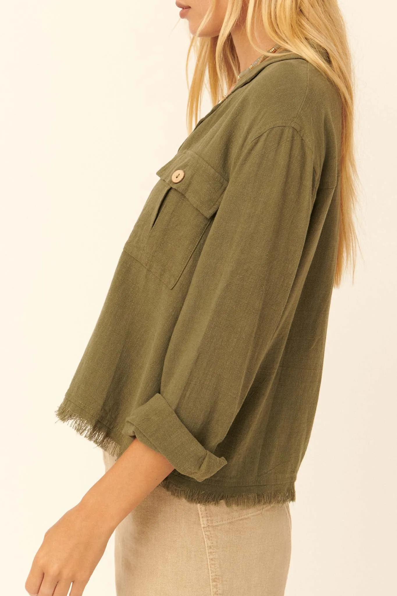 Inner Strength Buttoned Frayed-Hem Pocket Shirt