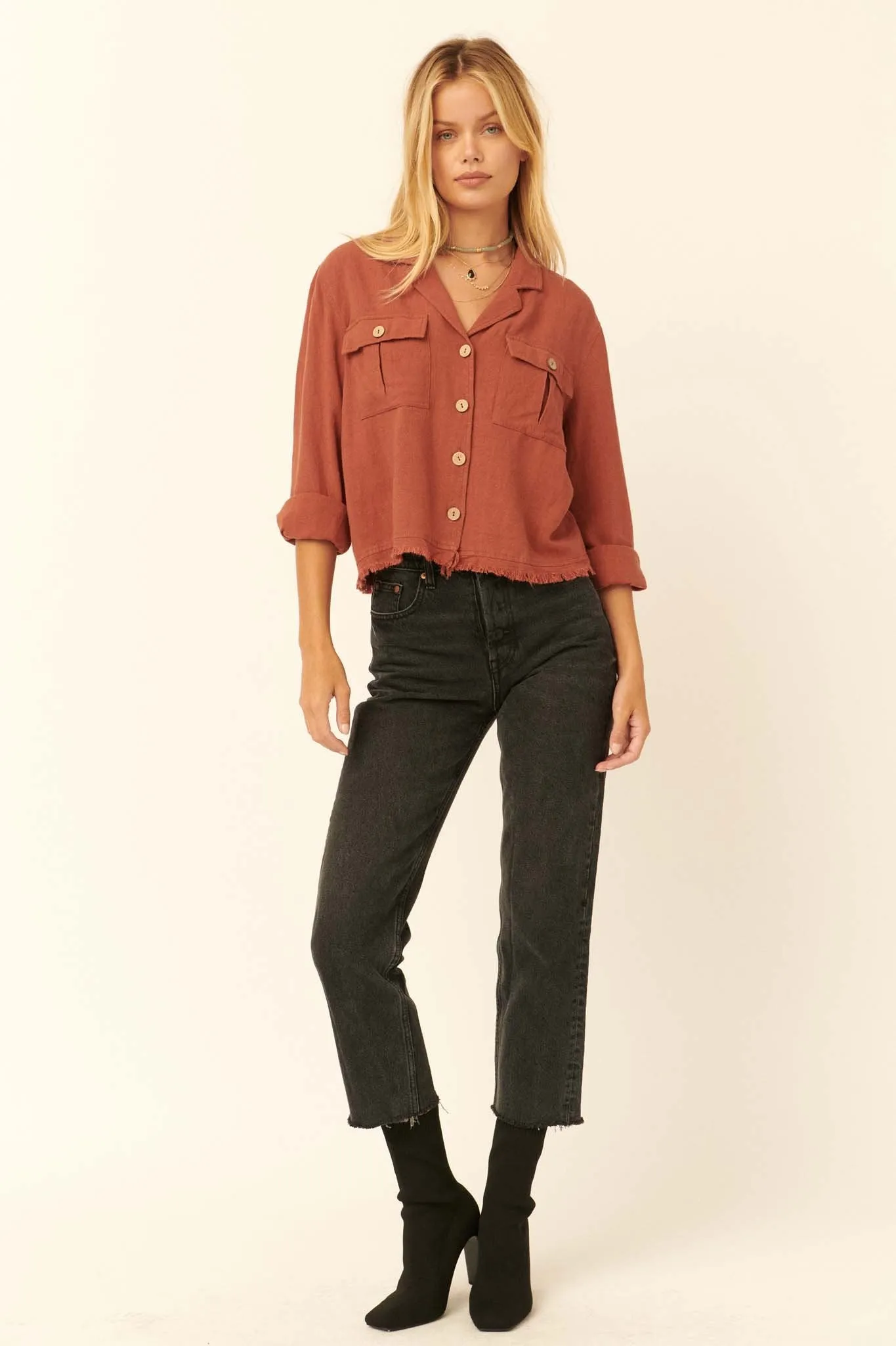 Inner Strength Buttoned Frayed-Hem Pocket Shirt