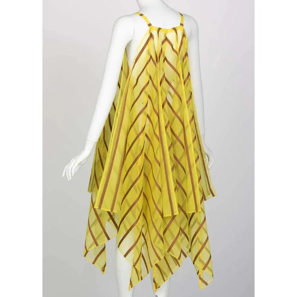 ISSEY MIYAKE Yellow Organza Brown Striped Handkerchief Dress | Small-Large