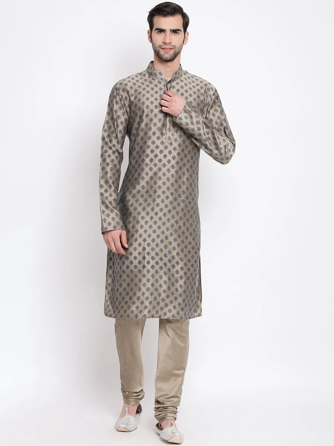 Jashvi Men's Beige Cotton Blend Kurta and Churidar Set