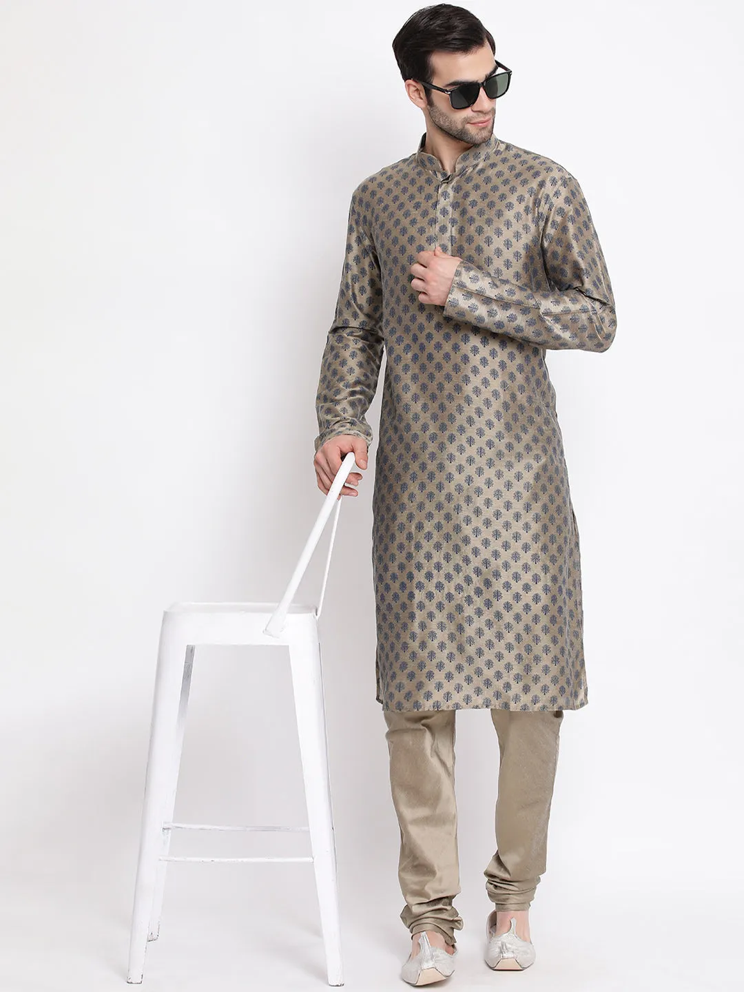 Jashvi Men's Beige Cotton Blend Kurta and Churidar Set