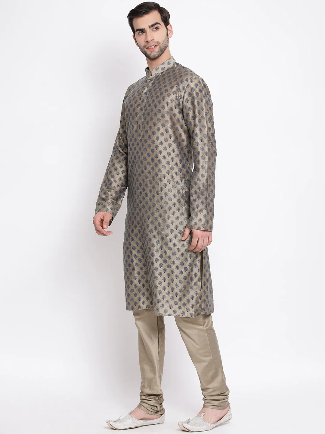 Jashvi Men's Beige Cotton Blend Kurta and Churidar Set