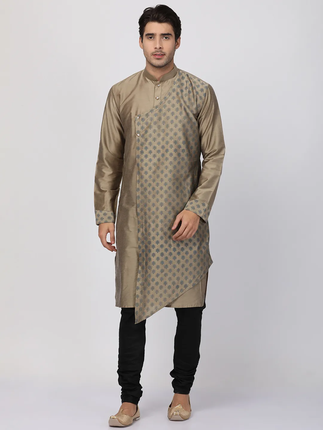 Jashvi Men's Copper-toned Cotton Silk Blend Kurta and Churidar Set