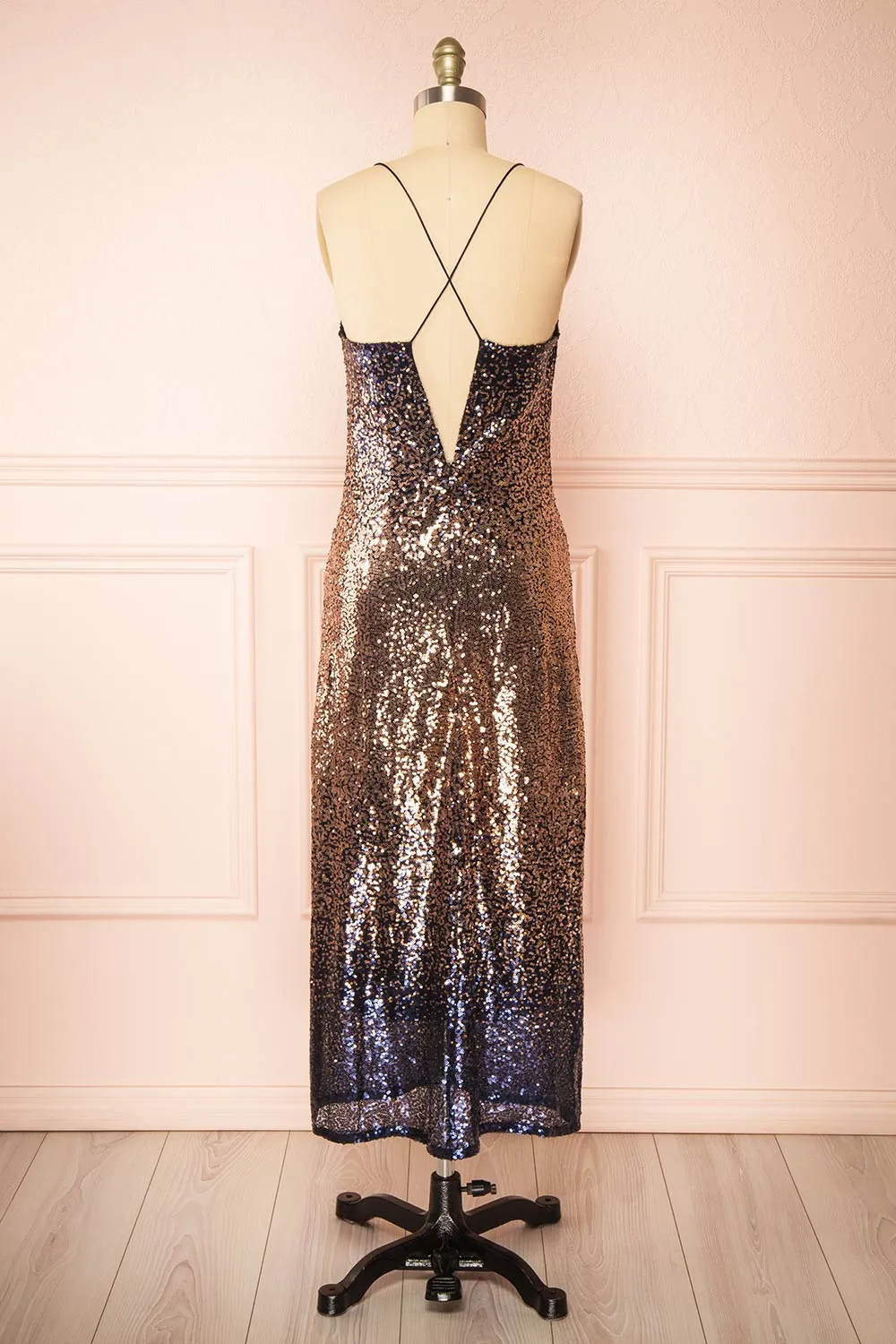 Jinsoul | Navy & Copper Sequin Midi Dress