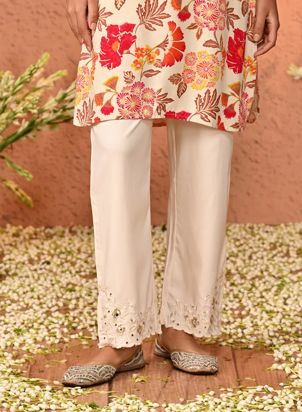 Joy Light Pink Embroidered Relaxed Fit Rayon Pants for Women