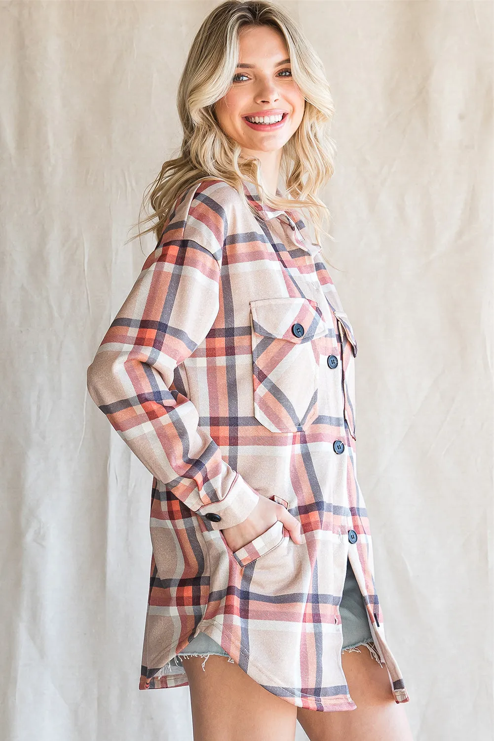 Khaki Plaid Casual Pockets Buttoned Shacket