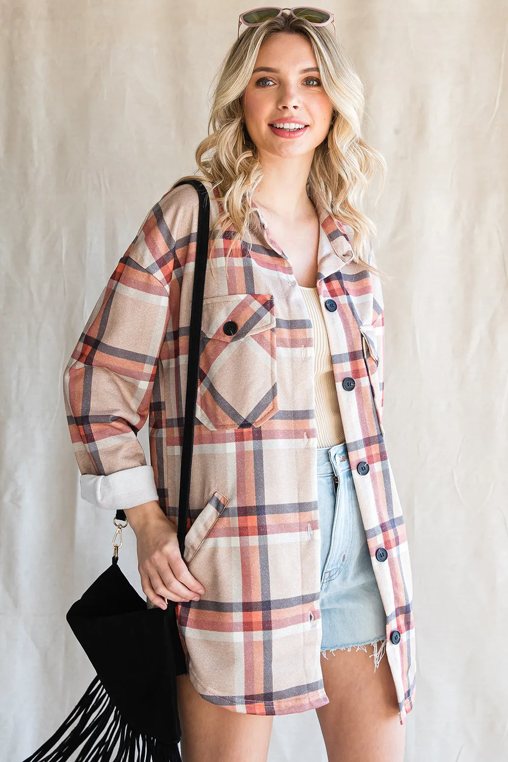 Khaki Plaid Casual Pockets Buttoned Shacket