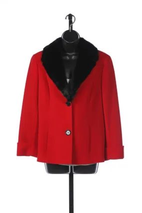 Lafayette 148 Red Wool Button Up Jacket - Detachable Black Fur Collar