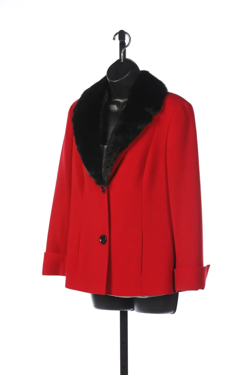 Lafayette 148 Red Wool Button Up Jacket - Detachable Black Fur Collar