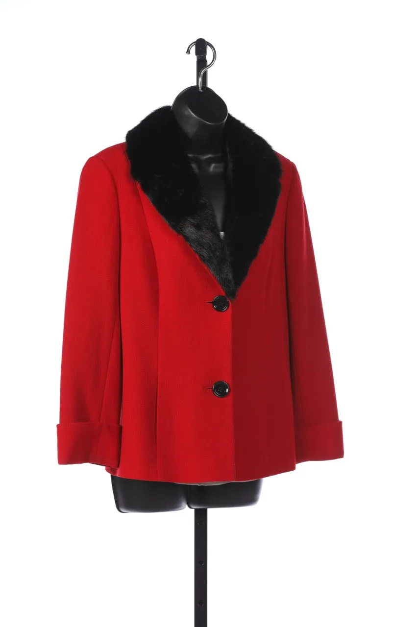 Lafayette 148 Red Wool Button Up Jacket - Detachable Black Fur Collar