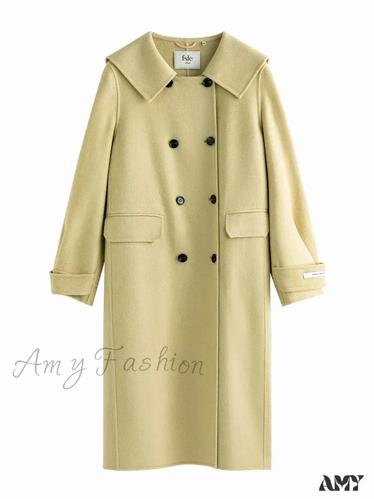 Lapel Navy Collar Long Double-breasted Office Lady Woolen Coat