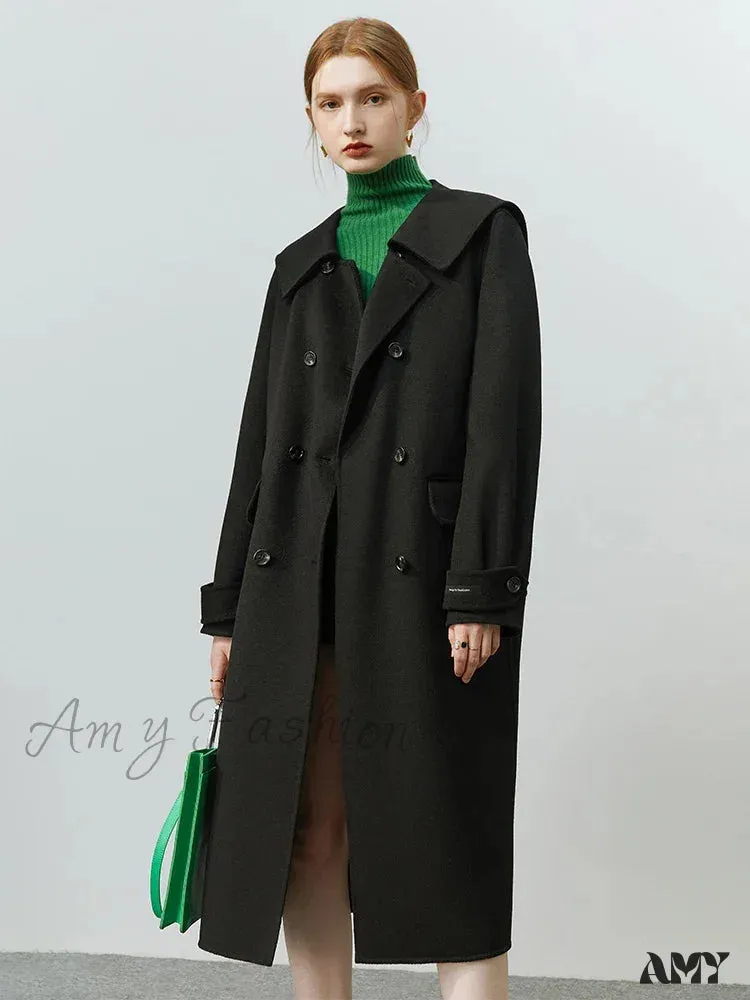 Lapel Navy Collar Long Double-breasted Office Lady Woolen Coat