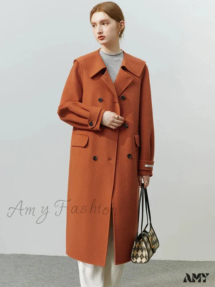 Lapel Navy Collar Long Double-breasted Office Lady Woolen Coat