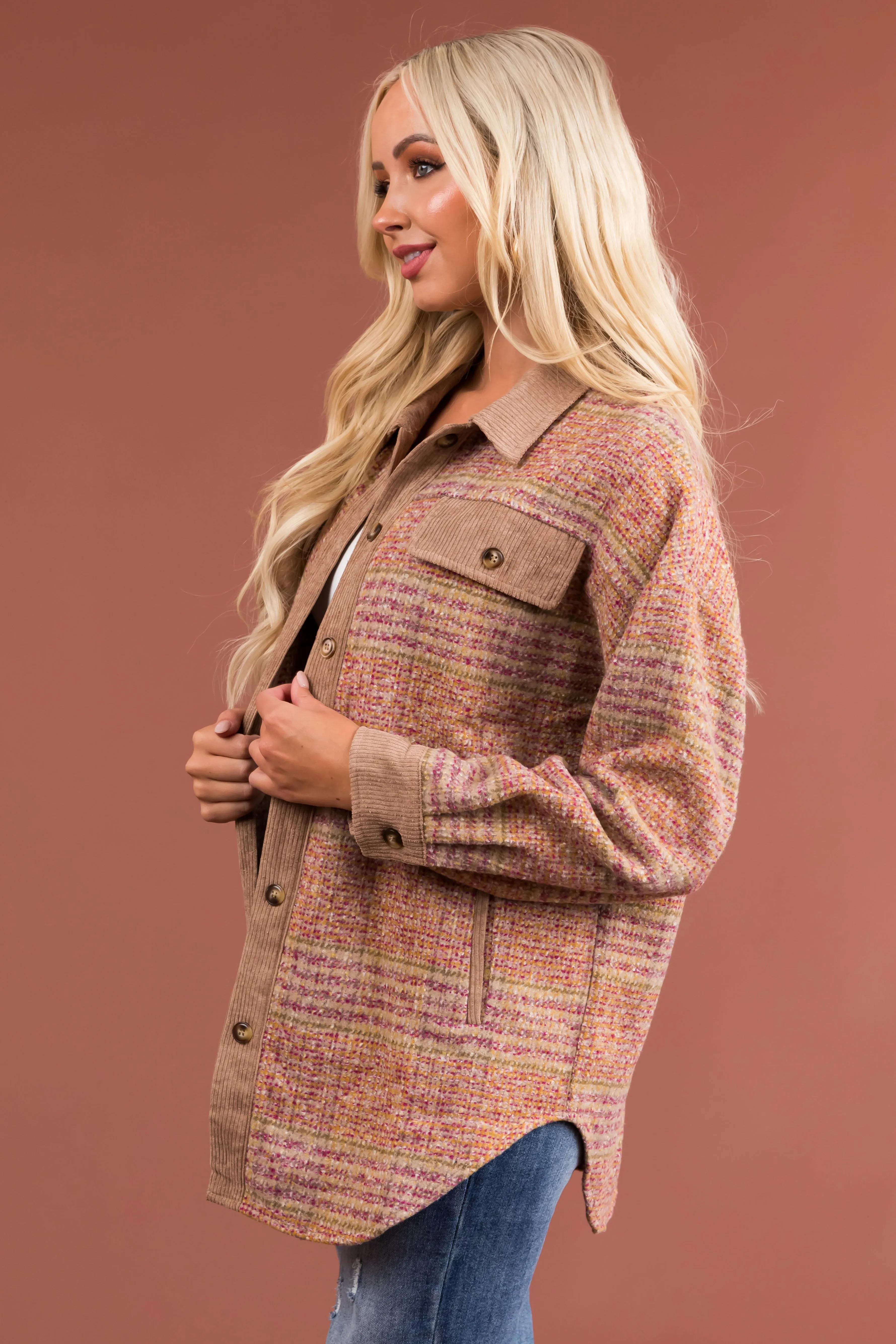 Latte Plaid Multicolor Corduroy Contrast Shacket