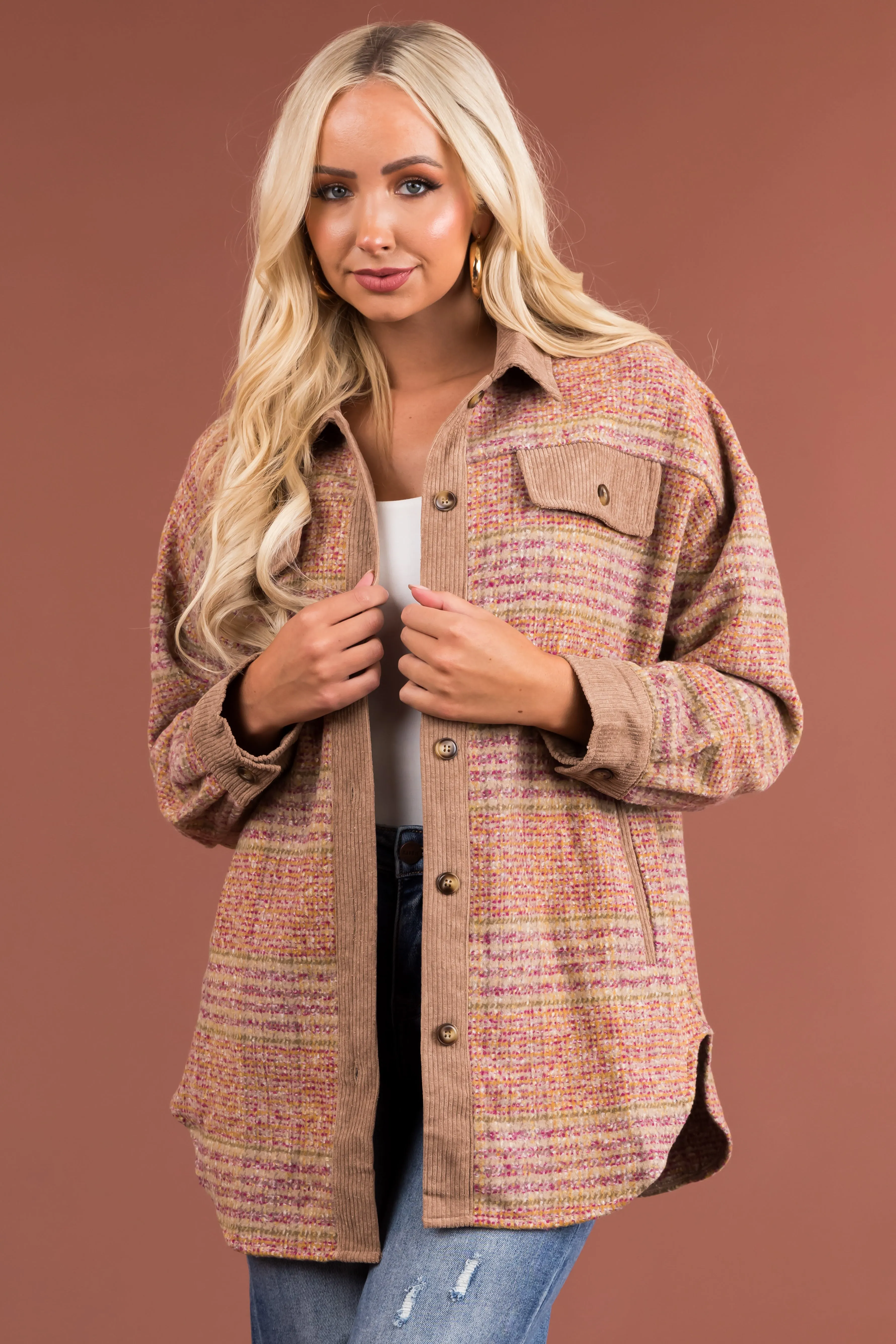 Latte Plaid Multicolor Corduroy Contrast Shacket