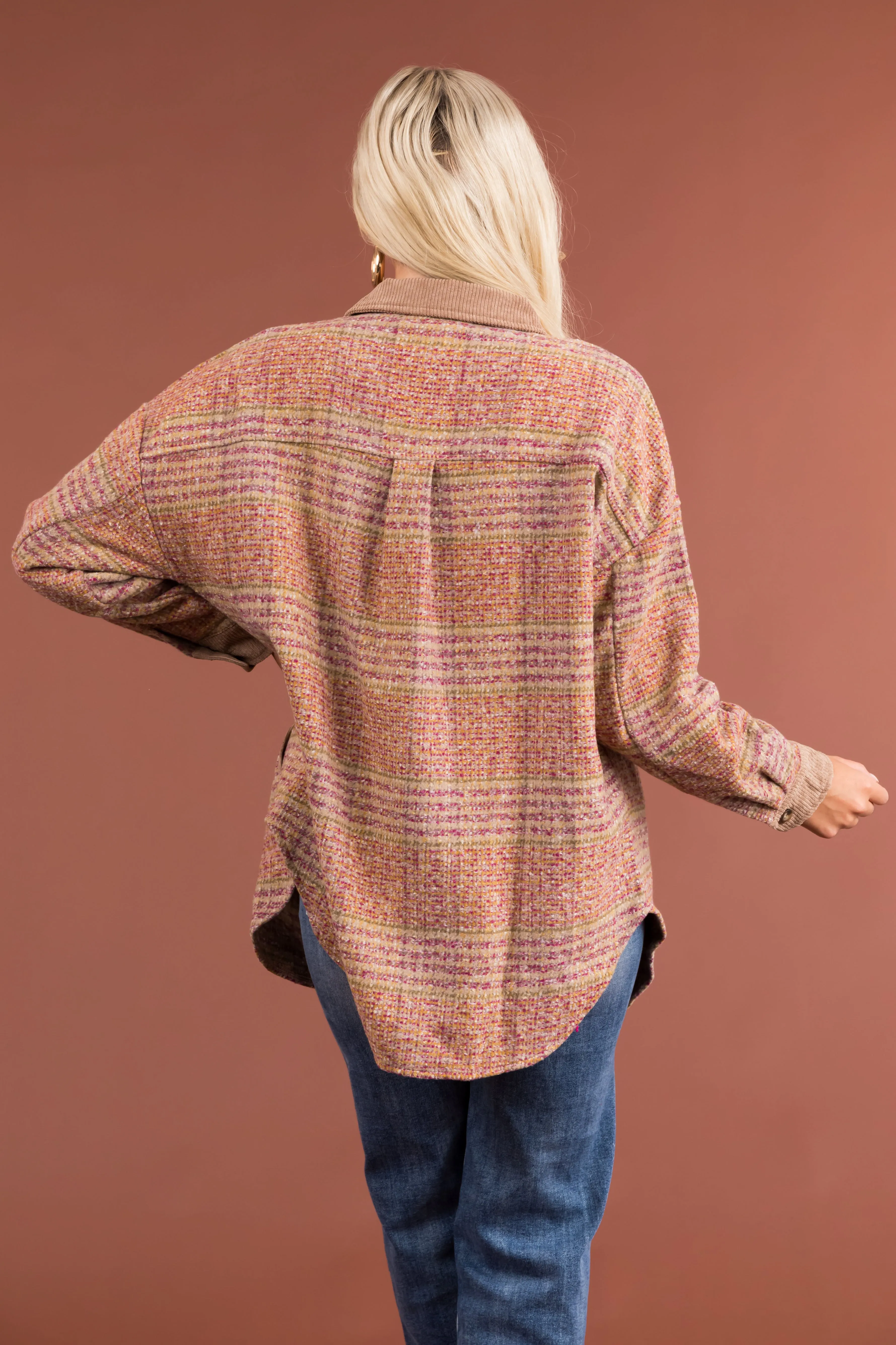 Latte Plaid Multicolor Corduroy Contrast Shacket