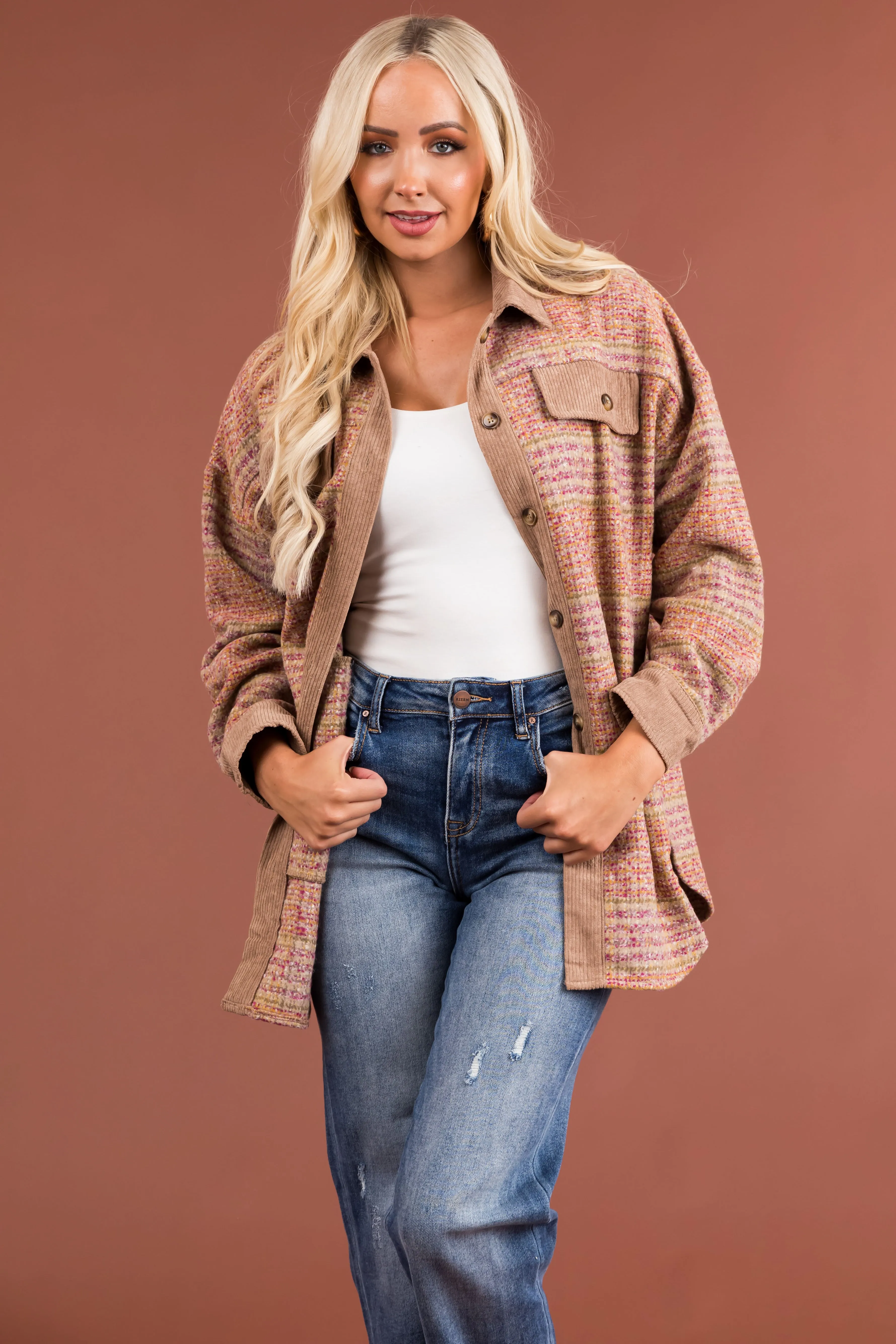 Latte Plaid Multicolor Corduroy Contrast Shacket