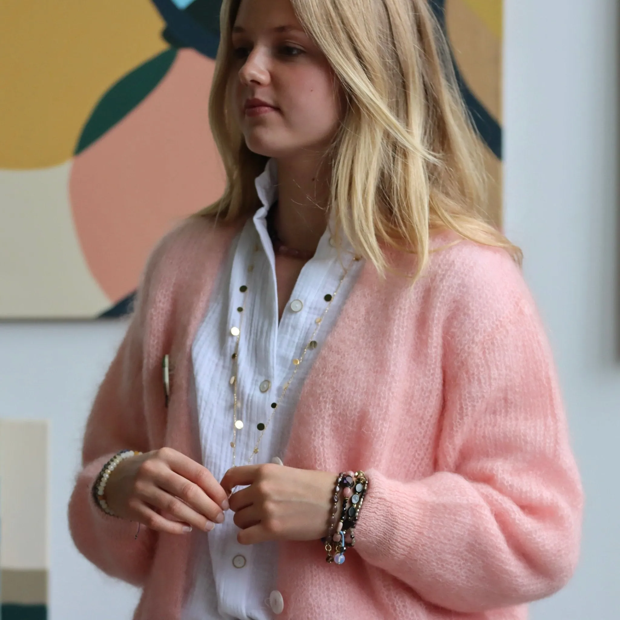 Le gilet Philippine mohair et laine - rose dragée