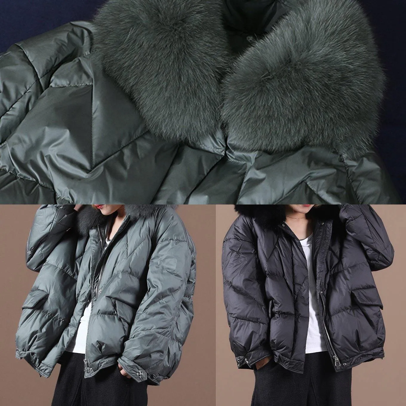 Luxury gray down jacket woman Loose fitting winter fur collar zippered hooded New Jackets