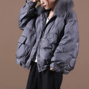 Luxury gray down jacket woman Loose fitting winter fur collar zippered hooded New Jackets