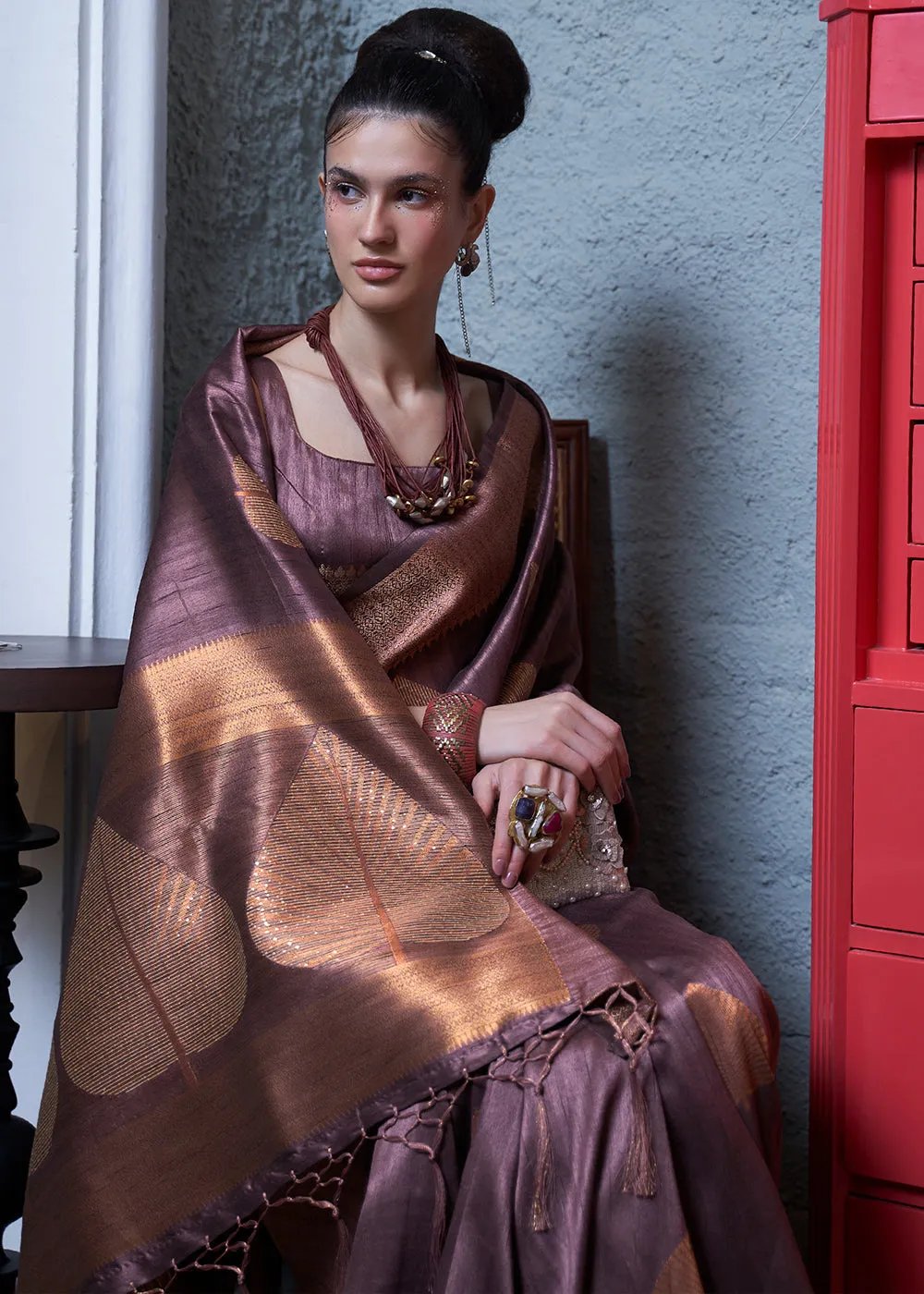 Mauve Purple Copper Zari Woven Silk Saree with Sequence work