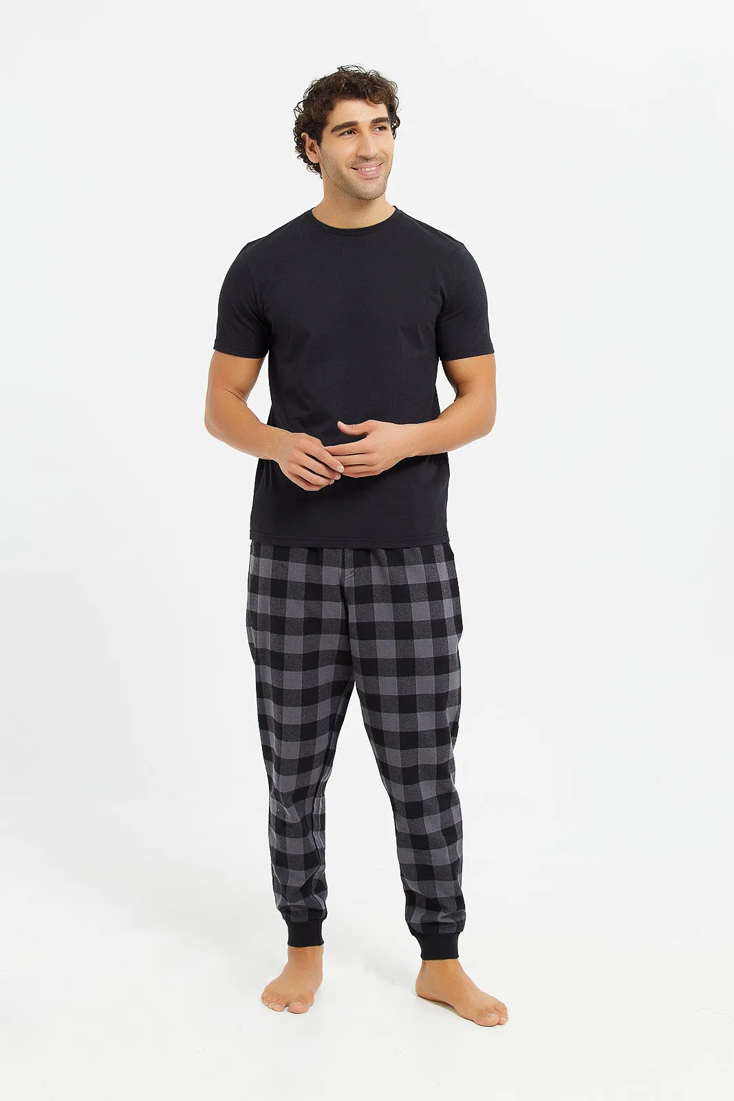 Men Grey Cuffed Flannel Pyjama Pants