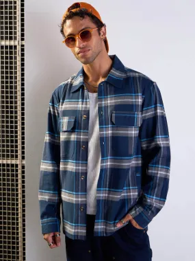 Men Navy & Grey Check Side Pocket Shacket