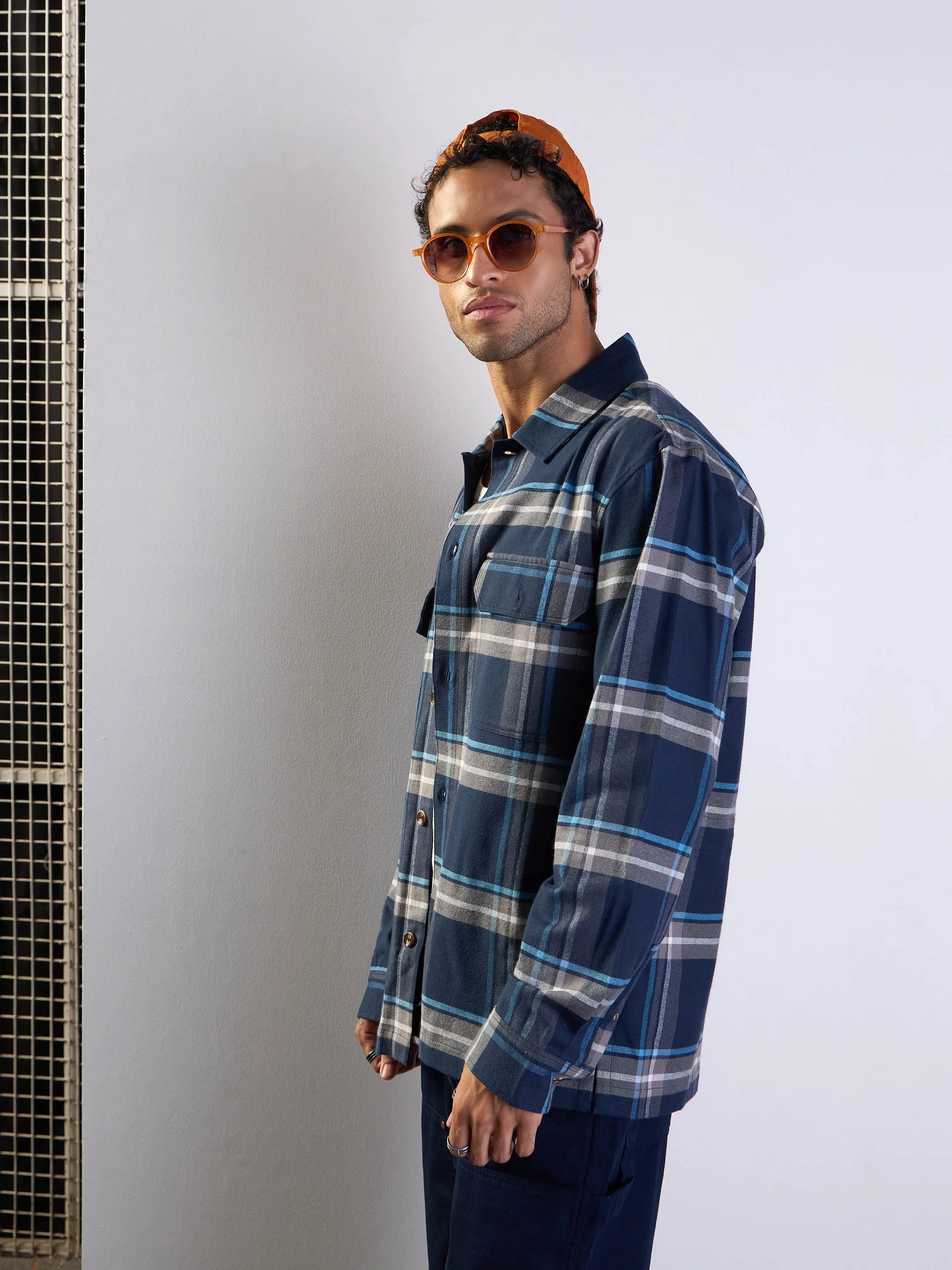 Men Navy & Grey Check Side Pocket Shacket