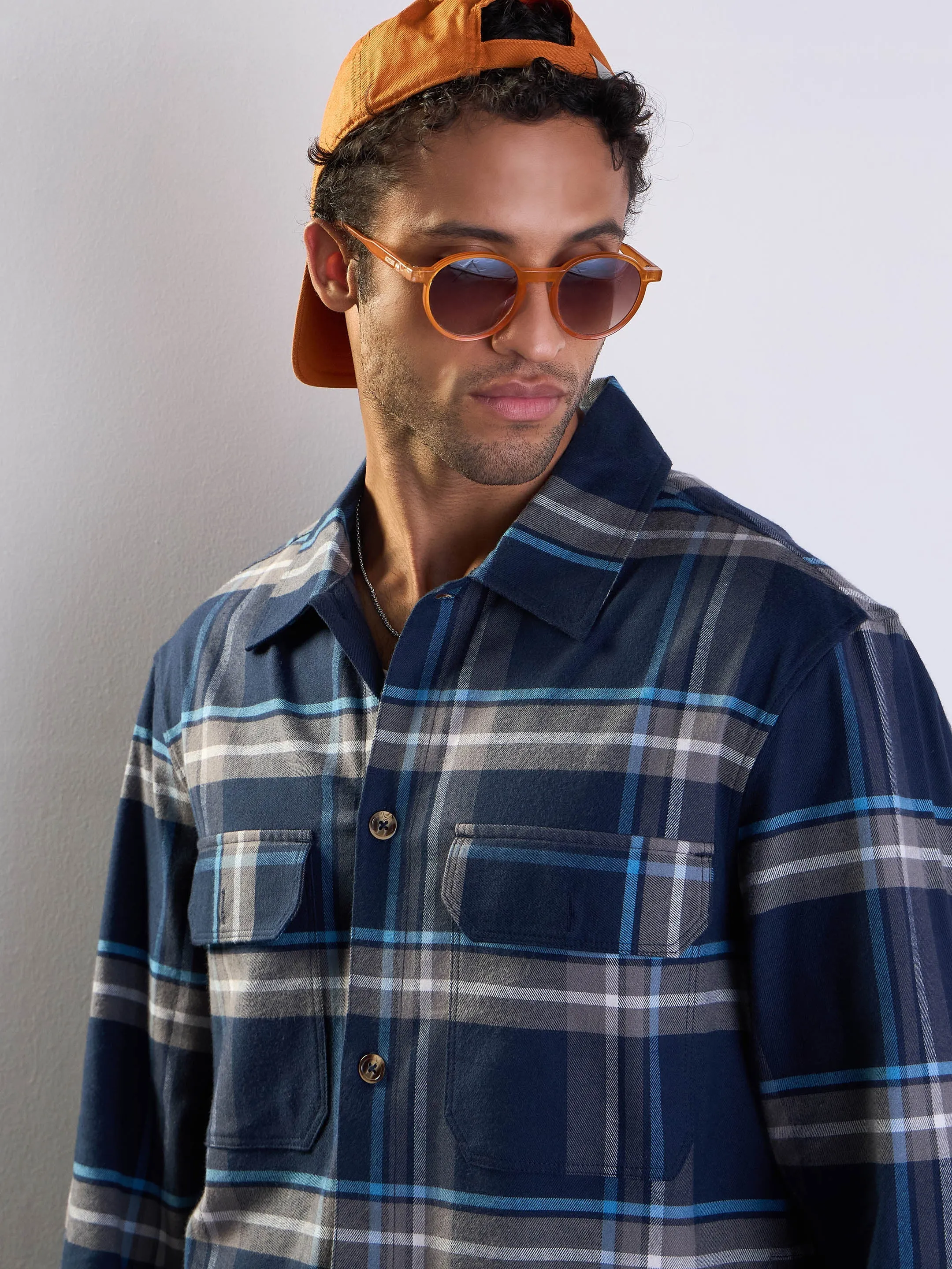 Men Navy & Grey Check Side Pocket Shacket