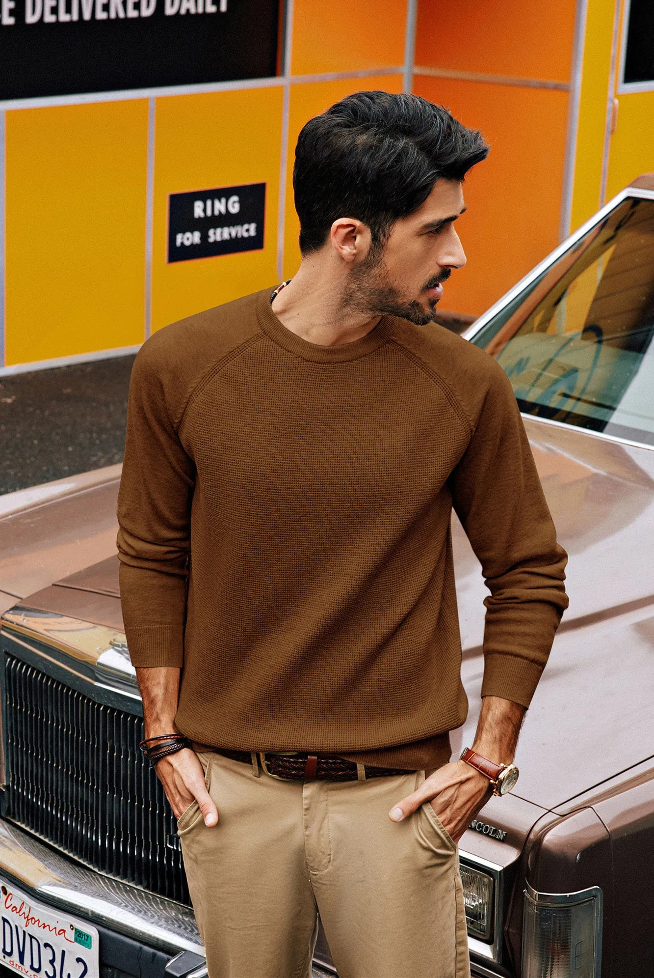 Men Waffle Textured Sweater Long Raglan Sleeve Crew Neck Pullover Knitwear